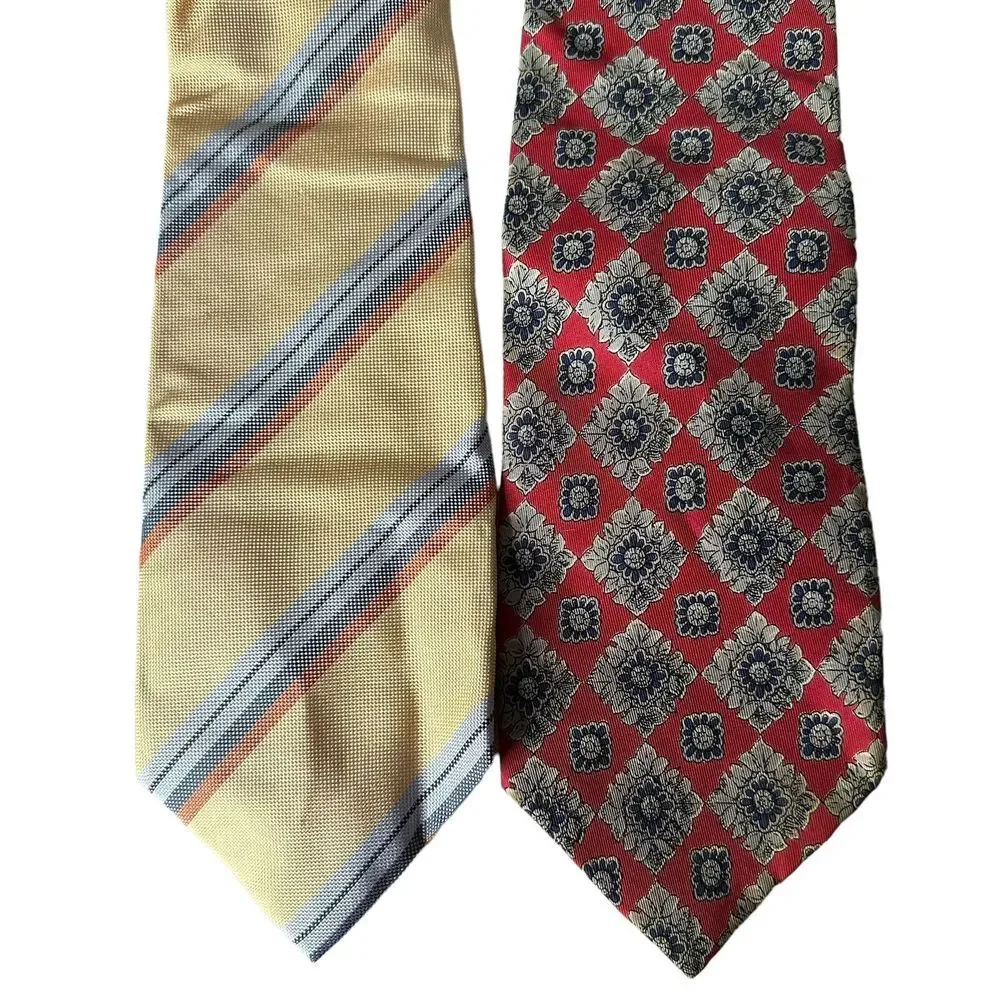 Lot Of 2 Bobby Jones Robert Talbott Neckties Red Floral‎ Print Yellow Striped